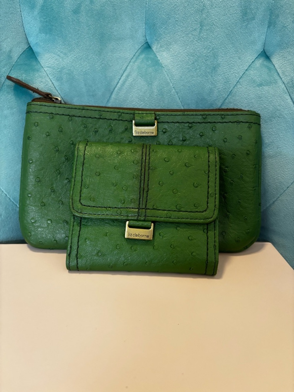 Liz Claiborne Green Faux-Ostrich Wallet and Zip Pouch Set